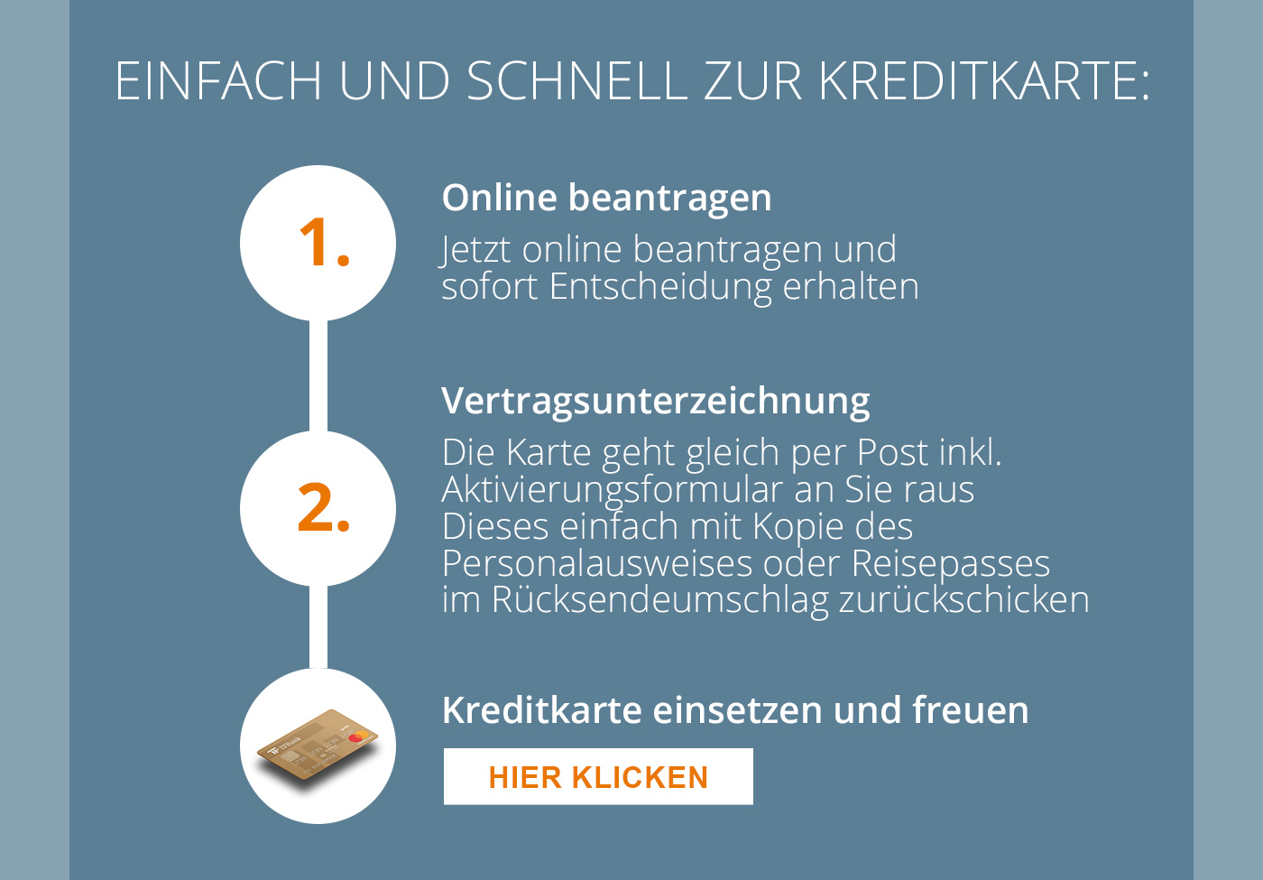 Einfach und schnell zur Kreditkarte -» Online beantragen -» Vertragsunterzeichnung -» Kreditkarte einsetzen und freuen